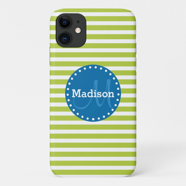 Coques Case-Mate iPhone Monogrammes bleus à rayures de chaux (Dos)