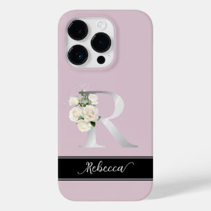 Coque Pour iPhone 14 Pro Monogran argenté R nom personnalisé roses blanches