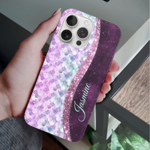 Coques iPhone 16 Pro Monographie de la peau de sirène rose argent faux 