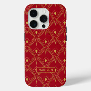 Coque iPhone 15 Pro Monographie de motif or et rouge art déco