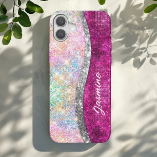 Coque Pour iPhone 16 Monographie de parties scintillant en argent rose