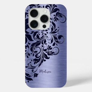 Coque iPhone 15 Pro Monographie en dentelle bleu métallique et bleu fo