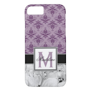 Coque iPhone 8/7 Monongramme pourpre de damas et de marbre