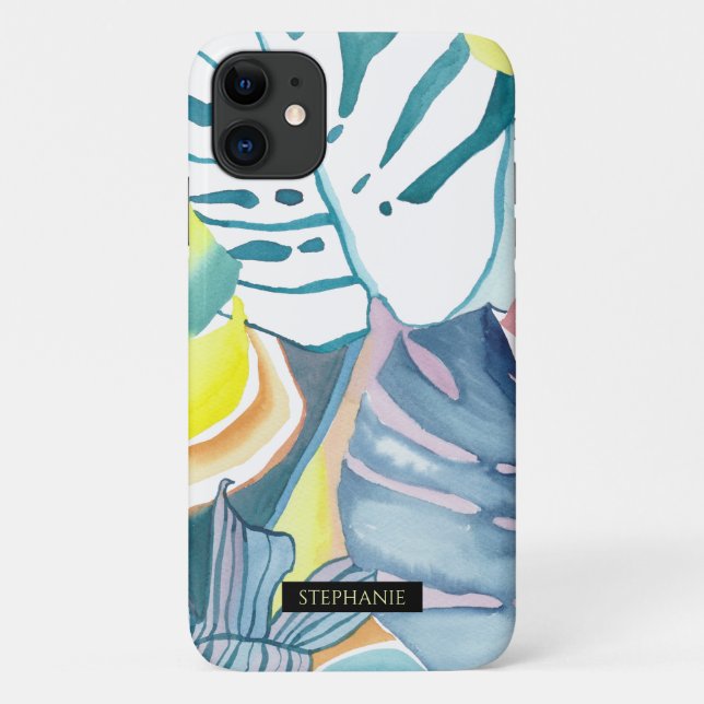 Coques Case-Mate iPhone Monstera Aquarelle Art Abstrait Nom Téléphone (Dos)
