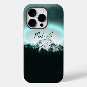 Coque Pour iPhone 14 Pro Montagne enneigée monogramme néon bleu mystérieux