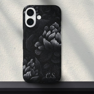 Coque Pour iPhone 16 Moody Black Peony Monogramme Girly Goth Floral