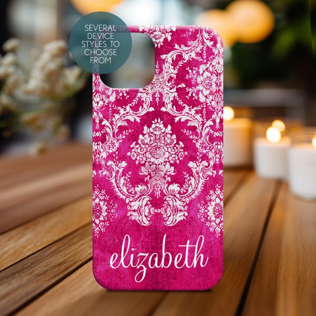 Coques Case-Mate iPhone Moody Damask Moody Hot Pink Texte personnalisé (Personalized Phone Case - Shabby Chic Vintage Damask Pattern with Custom Name)
