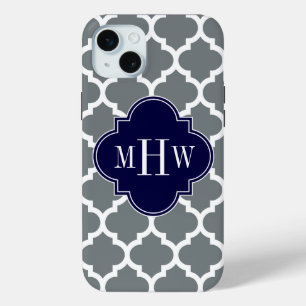 Coque iPhone 15 Mini Moroccan Charcoal White #5 Navy 3 Monogram initial