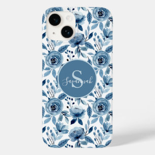 Coque Pour iPhone 14 Motif à aquarelle bleu avec Monogramme