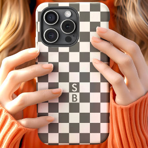 Coque Pour iPhone 15 Motif à carreaux gris et blanc monogrammé
