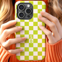Motif à carreaux rétro vert citron et monogramme