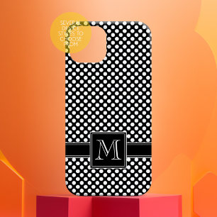 Coque iPhone 15 Mini Motif à point blanc noir mignon avec Monogramme