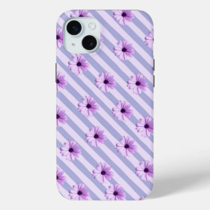 Coque iPhone 15 Mini Motif à rayures pastel avec des marguerites