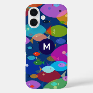 Coque Pour iPhone 16 Motif Abstrait de Poisson Coloré Monogramme Bleu