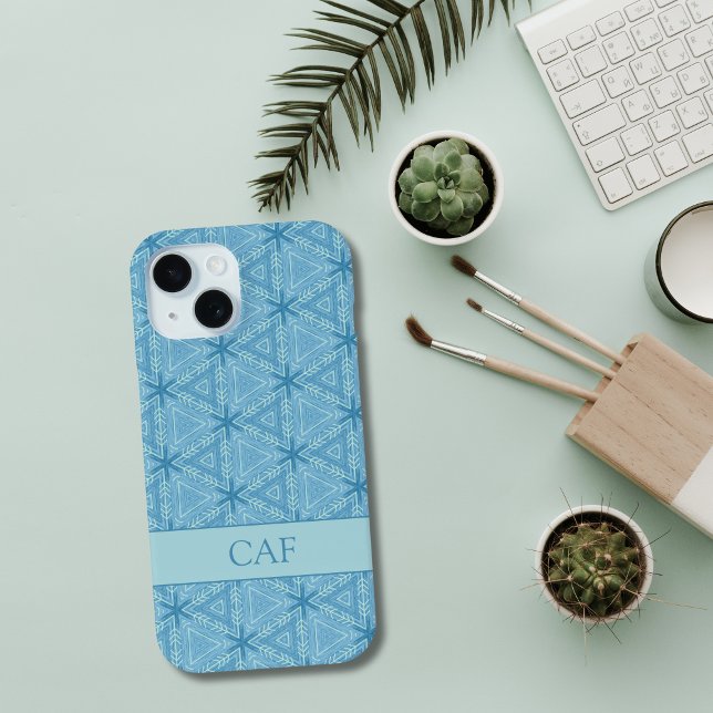Coques Case-Mate iPhone Motif Abstrait géométrique bleu avec Monogramme (Blue Geometric Abstract Monogrammed Name Initials iPhone case)