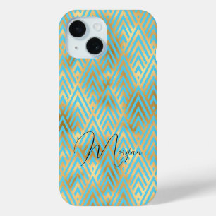 Coque Pour iPhone 15 Motif Art Déco, Or & Bleu clair, Nom du script