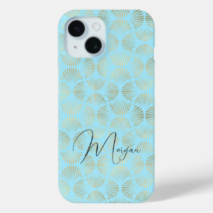 Coque Pour iPhone 15 Motif Art Déco, Or & Pale Blue, Nom du script