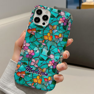 Coque Pour iPhone 16 Motif artistique floral turquoise violet en verre