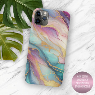 Coque iPhone 15 Pro Max Motif Artistique Marbre Bleu Aqua Violet Rose Or
