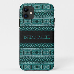 Coque iPhone 11 Motif Aztèque Turquoise Et Noir Personnalisé