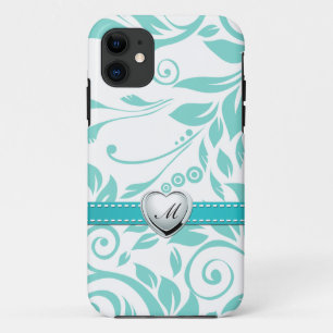 Coque iPhone 11 Motif bleu et blanc d'Aqua de damassé avec le