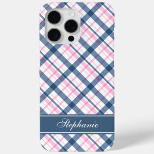 Coque iPhone 15 Pro Max Motif bleu marine et PInk Plaid