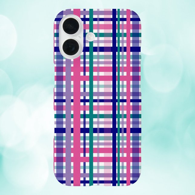 Coques Case-Mate iPhone Motif bleu marine Turquoise Plaid Purple Rose (A phone case with a plaid pattern done in pink, purple, teal and navy blue.)