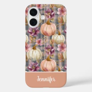 Coque Pour iPhone 16 Motif carreau citrouille et fleurs personnalisé 