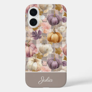 Coque Pour iPhone 16 Motif carreau de citrouille et fleurs personnalisé