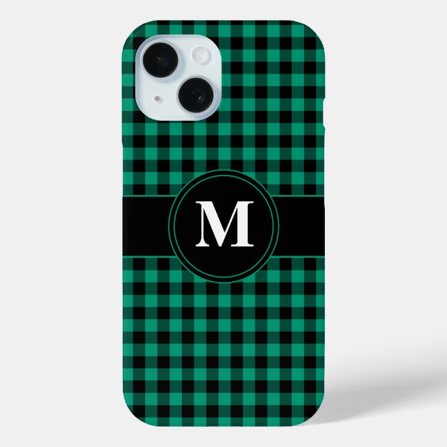 Coques Case-Mate iPhone Motif carreaux vert monogramme moderne (Verso)