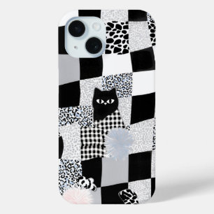 Coque Pour iPhone 15 Motif Chat Noir Gingham à carreaux mixtes Guépard