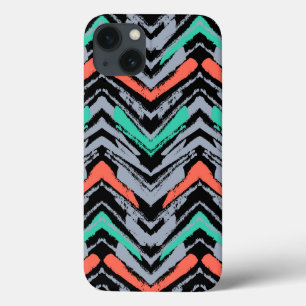 iPhone 13 Case Motif Chevron Grise, Turquoise Et Corail