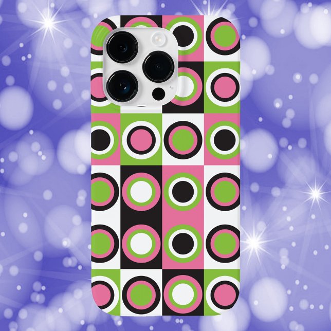 Coques Case-Mate iPhone Motif circulaire rétro rose noir blanc vert (A cell phone case with a retro pattern of pink, green, black and white circles.)