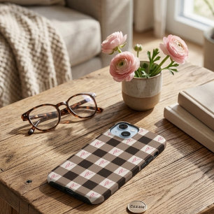Coque Pour iPhone 15 Motif Cœurs à Carreaux Gingham Marron Mignon pour 