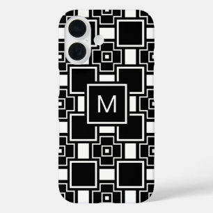 Coque Pour iPhone 16 Motif contemporain monogramme noir et blanc