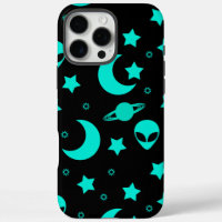 Motif d'alien turquoise avec étoiles et lunes