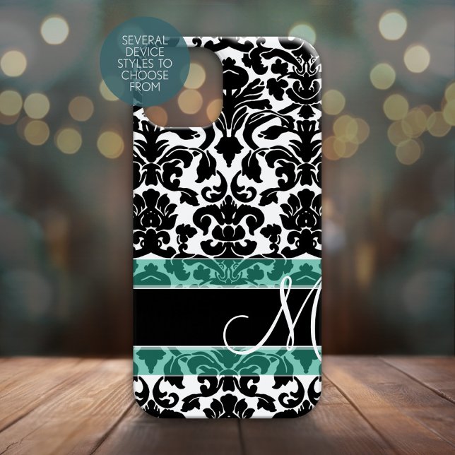 Coques Case-Mate iPhone Motif Damas noir et blanc avec Monogramme (Personalized Phone Case - Many Device Styles to Choose From)