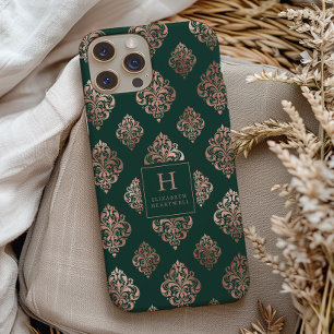 Coque Pour iPhone 14 Motif Damassé Monogramme Or Rose Émeraude Vert
