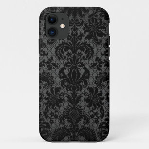 Coque iPhone 11 motif damassé noir en faux dentelle