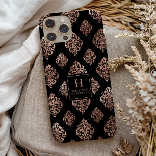 Coque Pour iPhone 14 Motif Damassé Orné Monogramme Or Noir