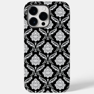 Coque Pour Pour iPhone 14 Pro Max Motif Damassé Rococo Blanc sur Fond Noir