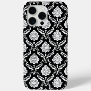 Coque iPhone 15 Pro Max Motif Damassé Rococo Blanc sur Fond Noir