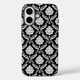 Coque Pour iPhone 16 Motif Damassé Rococo Blanc sur Fond Noir