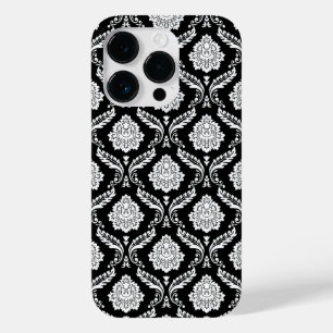 Coque Pour iPhone 14 Pro Motif Damassé Rococo Blanc sur Noir