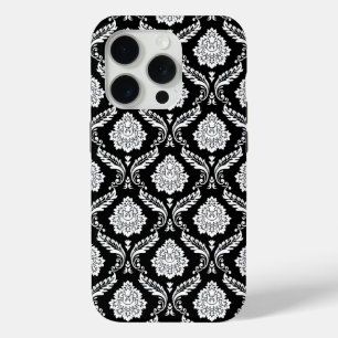 Coque iPhone 15 Pro Motif Damassé Rococo Blanc sur Noir