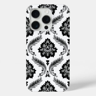 Coque iPhone 15 Pro Motif Damassé Rococo Gris Noir Blanc