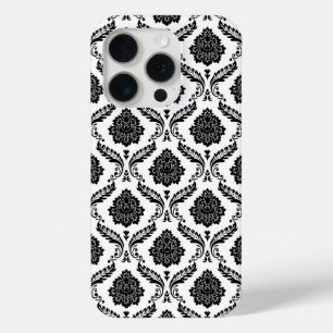 Coque iPhone 15 Pro Motif Damassé Rococo Noir sur Blanc