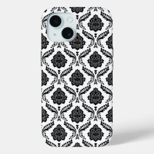 Coque Pour iPhone 15 Motif Damassé Rococo Noir sur Blanc