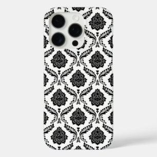 Coques iPhone 16 Pro Motif Damassé Rococo Noir sur Blanc