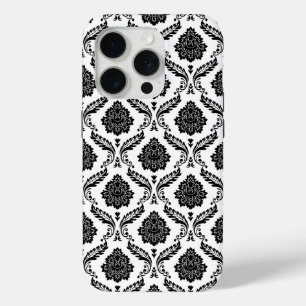 Coque iPhone 15 Pro Motif Damassé Rococo Noir sur Fond Blanc
